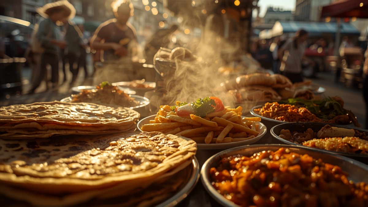 An Amsterdam market street with halal and Middle Eastern food stalls