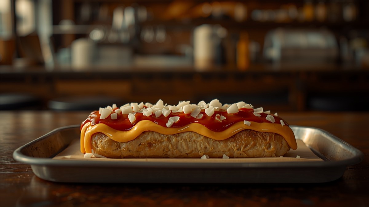 A frikandel speciaal with curry ketchup, mayo and onion