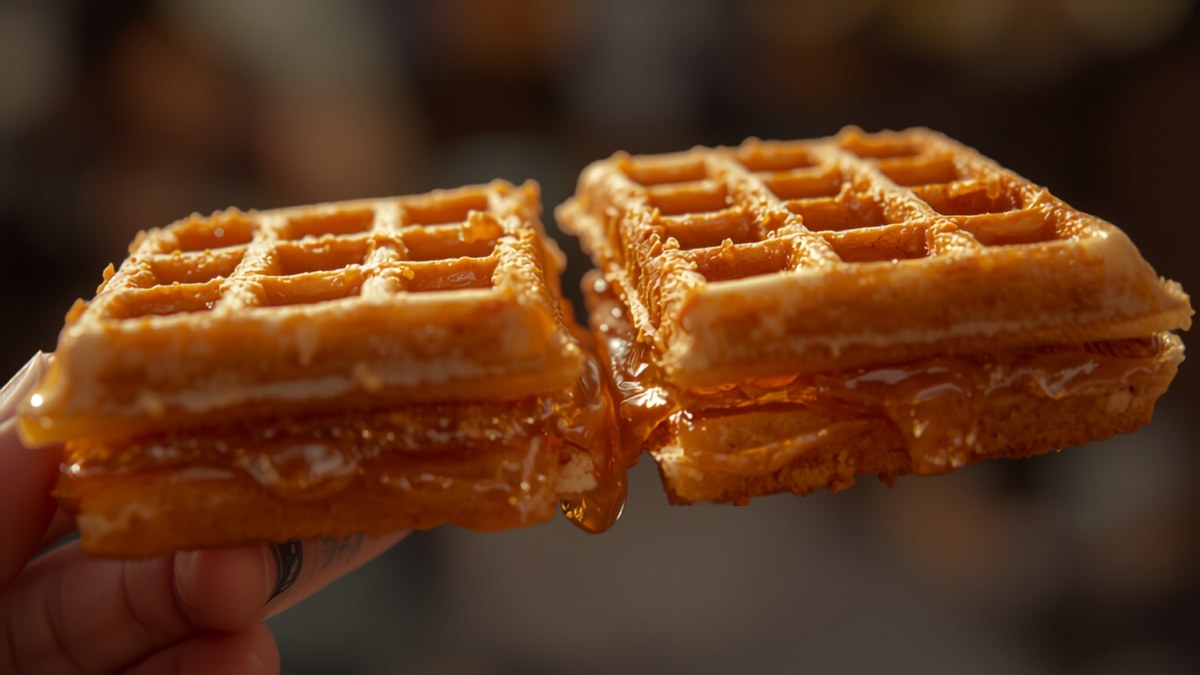A fresh stroopwafel with caramel syrup between two waffle layers
