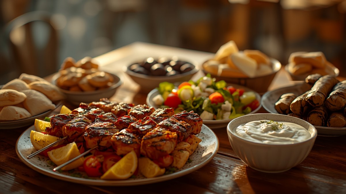 A spread of Greek meze dishes and grilled seafood