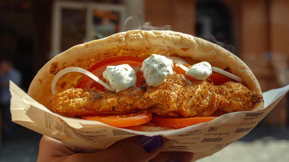 A gyros being carved off the vertical spit in Athens