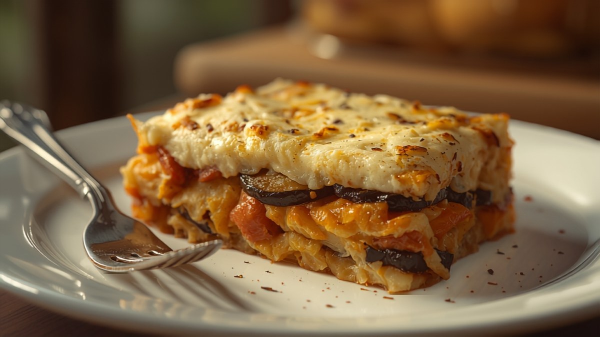 A slice of layered Greek moussaka