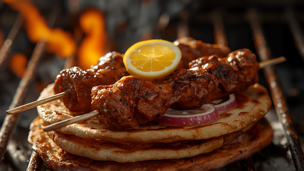 Grilled souvlaki skewers on a taverna grill