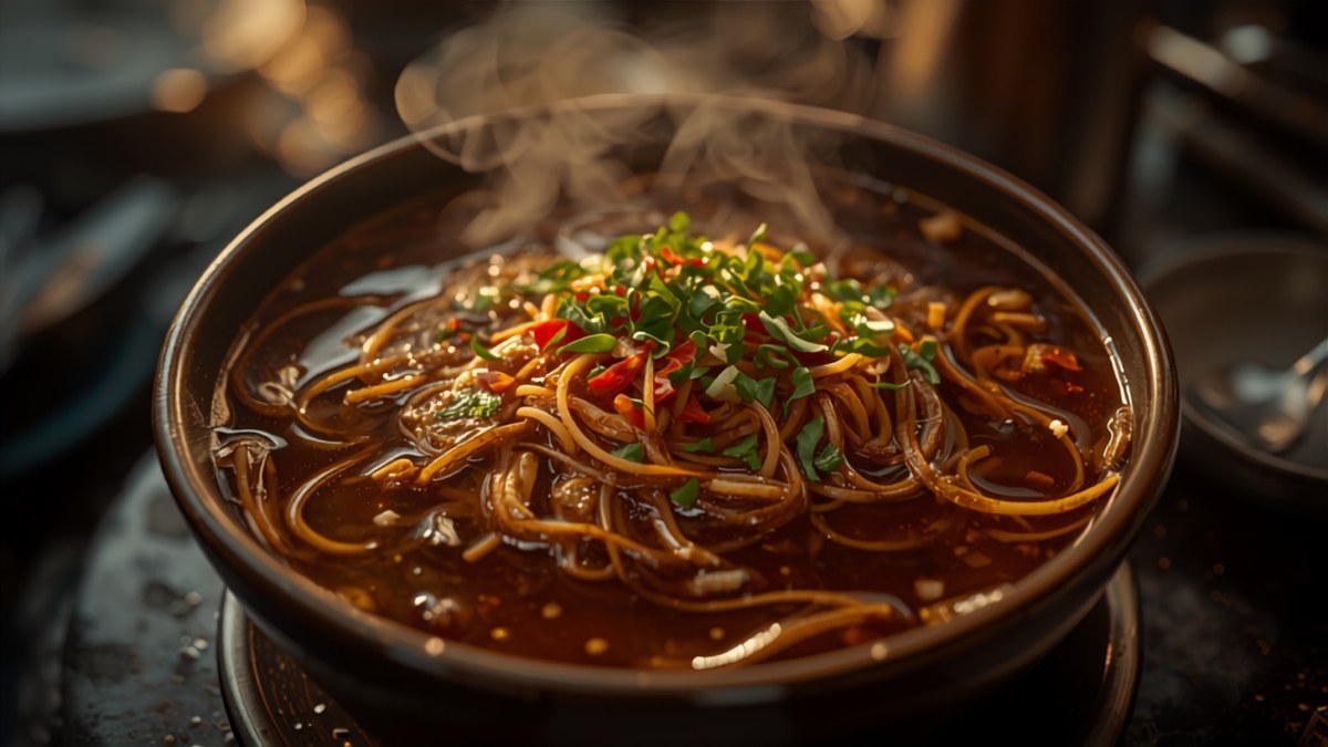 A small bowl of dark Thai boat noodle soup