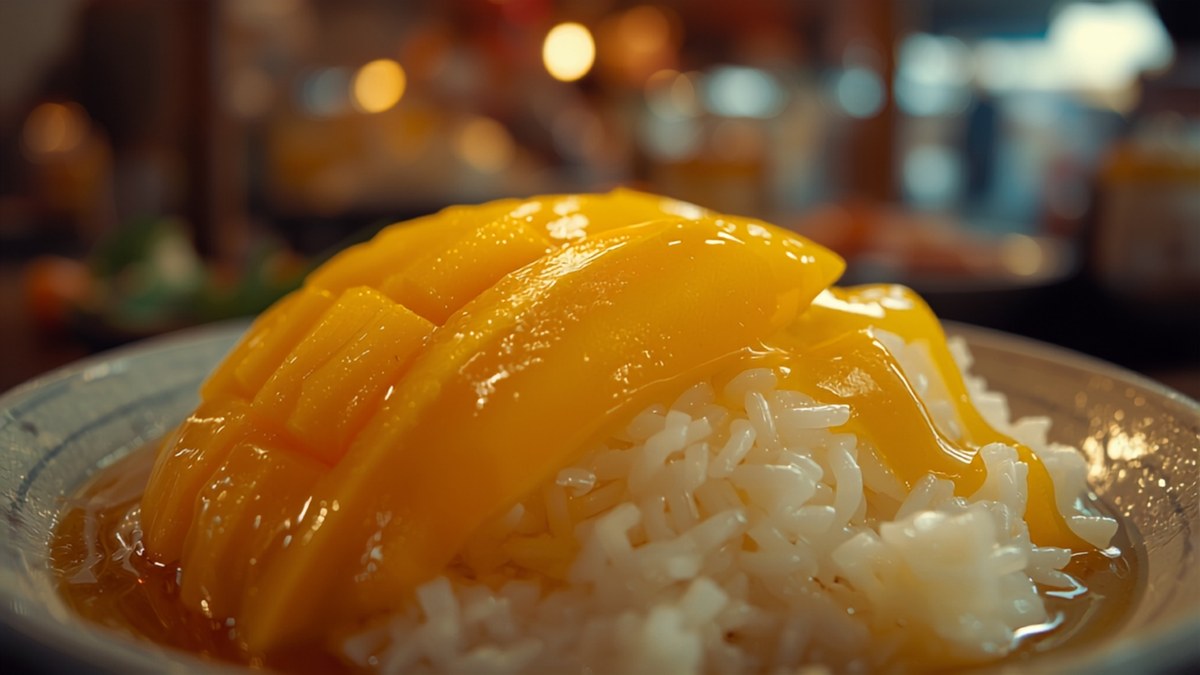 Mango sticky rice with coconut milk and sliced ripe mango