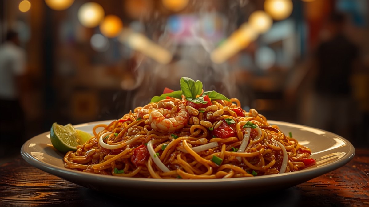 A plate of pad thai with lime, peanuts and bean sprouts