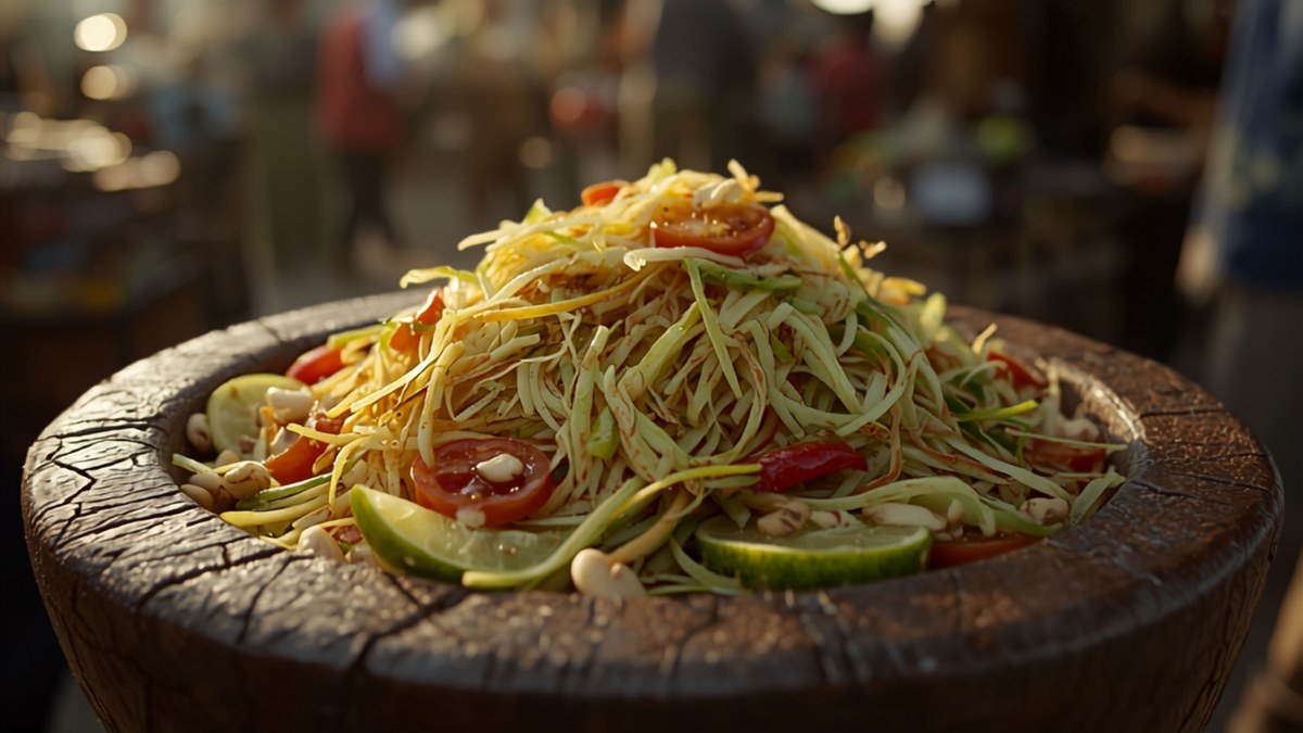 Green papaya salad being pounded in a clay mortar