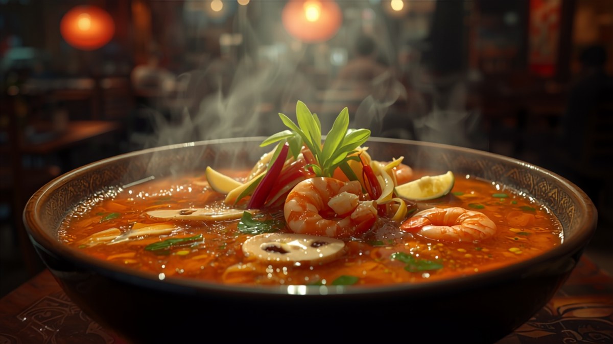 A steaming bowl of tom yum soup with lemongrass and chilies