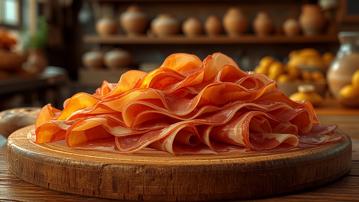 Legs of Spanish cured jamón hanging in a shop