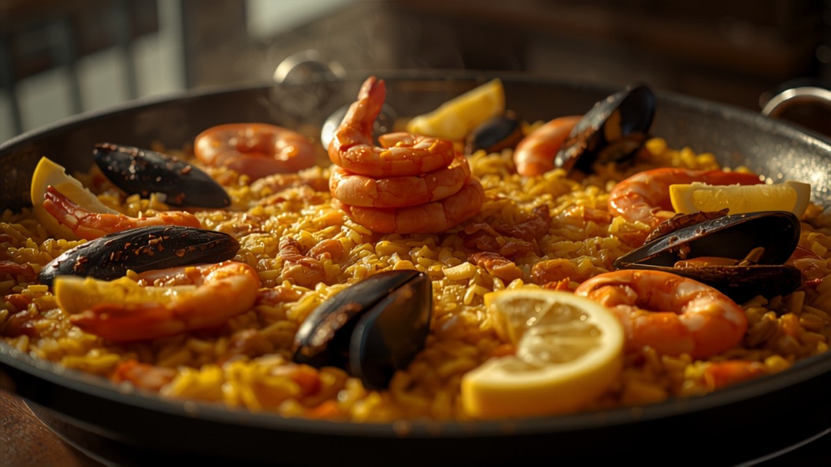 A wide paella pan with saffron rice and seafood