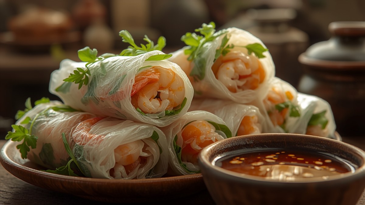 A plate of crispy Vietnamese fried spring rolls with a dipping sauce