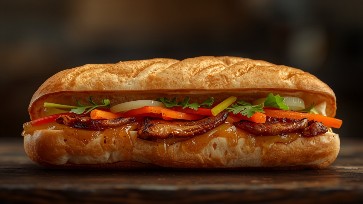 A Vietnamese banh mi baguette sandwich cut in half