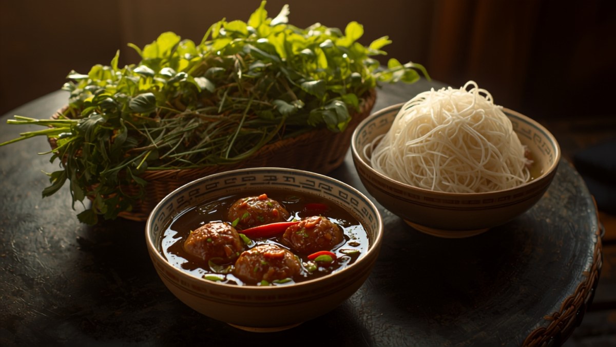 A plate of Hanoi bun cha with grilled pork and vermicelli