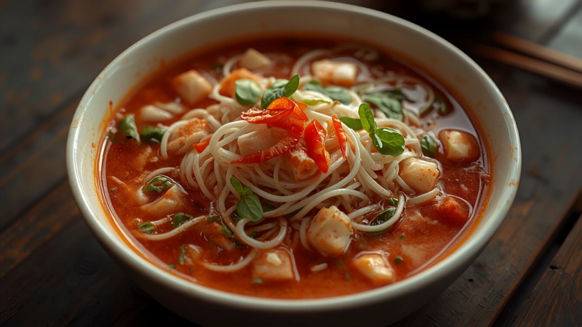 A bowl of Vietnamese bun rieu crab and tomato noodle soup