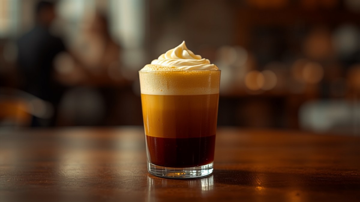 A glass of Vietnamese egg coffee with a frothy yellow top