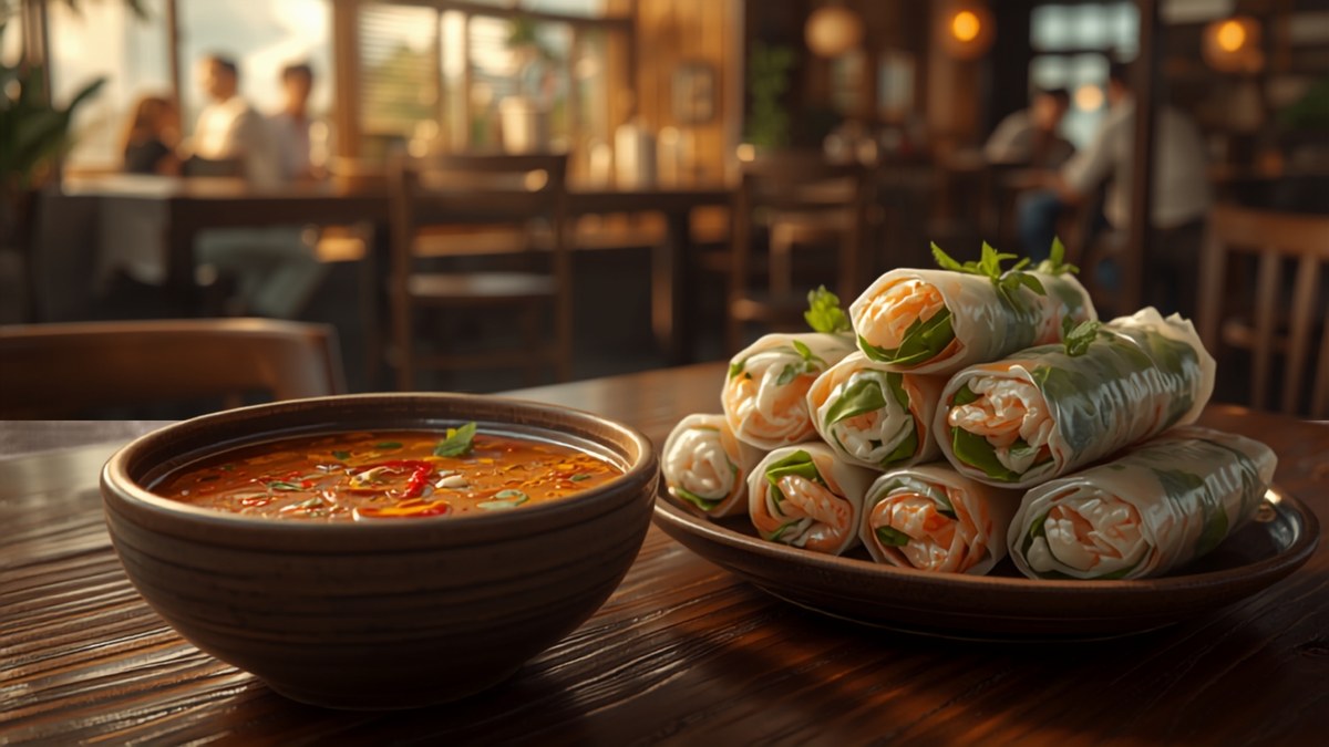 A small dish of Vietnamese fish sauce beside fresh herbs