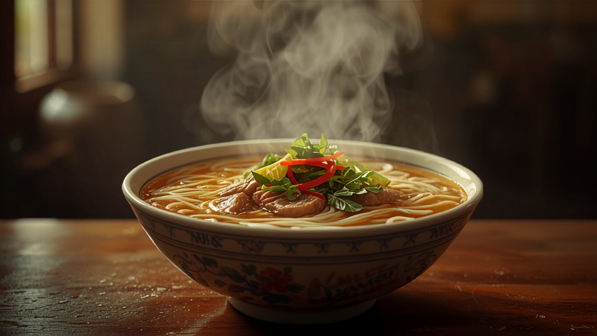 A bowl of Vietnamese pho with rice noodles and broth