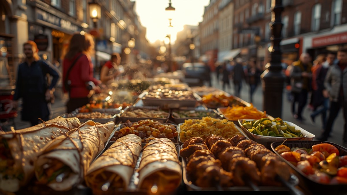 A busy London street of Middle Eastern and halal restaurants