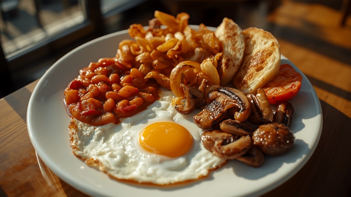 A full English breakfast plate with eggs, beans, toast and tomato