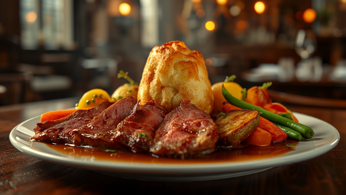 A British Sunday roast with meat, potatoes and Yorkshire pudding