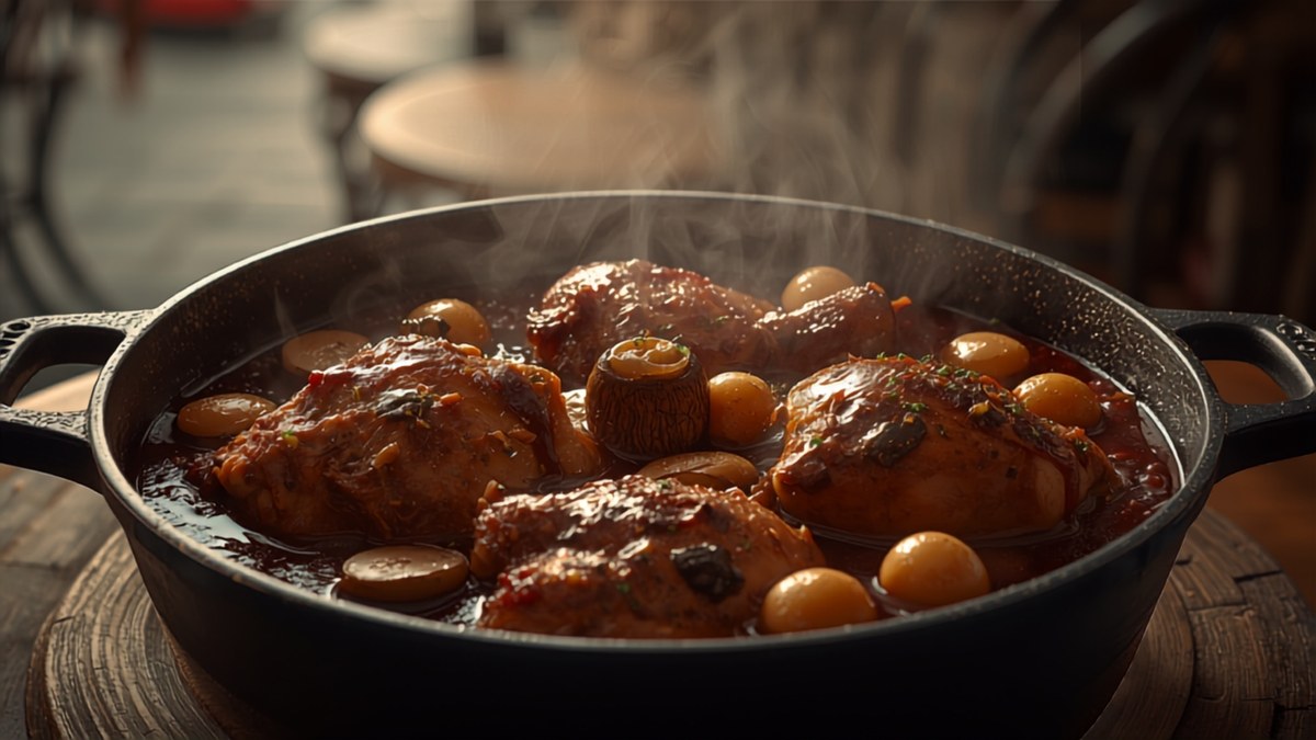 A bowl of coq au vin, chicken braised in red wine