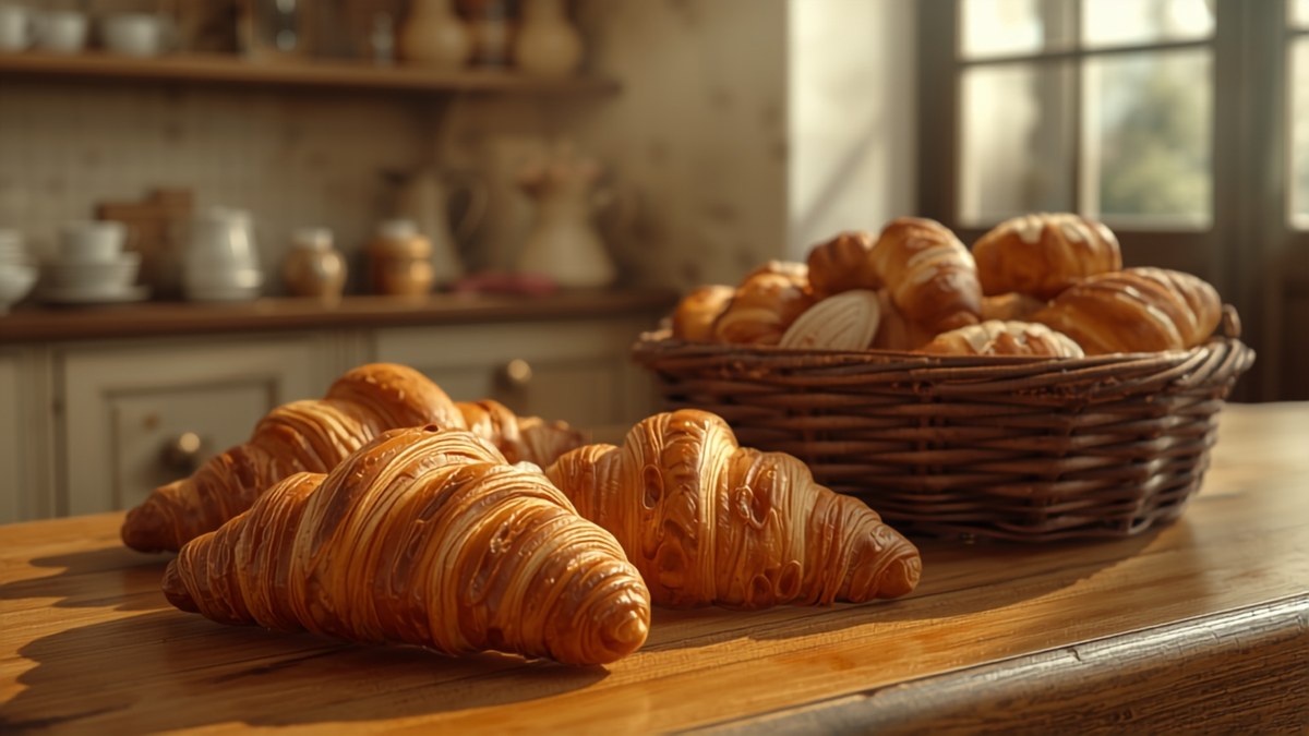 Fresh croissants in a Paris bakery window
