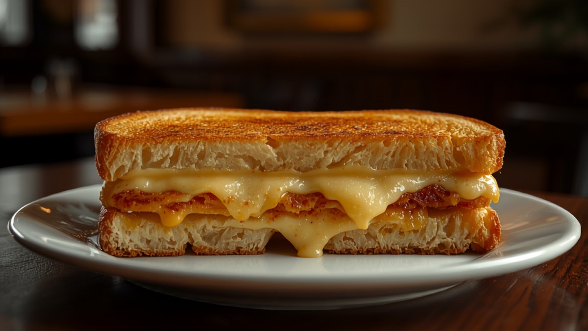 A grilled croque monsieur with melted cheese on top
