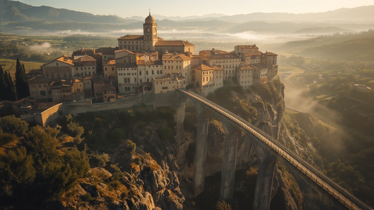 A cliff-top medieval hill town in central Italy at golden hour, reached by a stone bridge over a gorge, the kind of day trip you can take from Rome