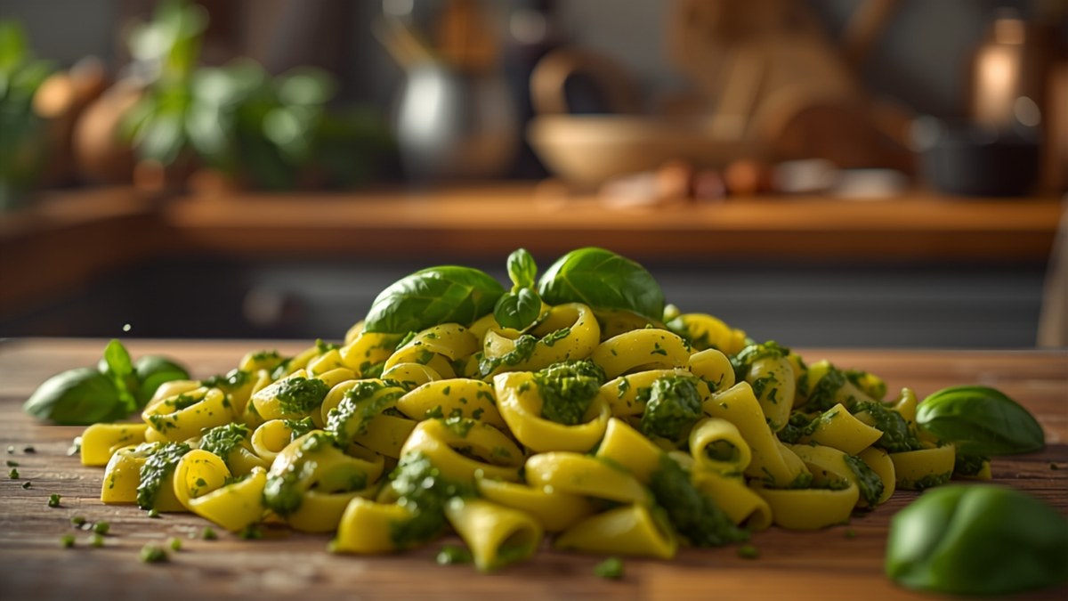 A bowl of pasta with green basil pesto