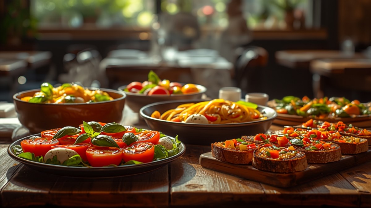 A Roman table of vegetable antipasti, pizza and pasta