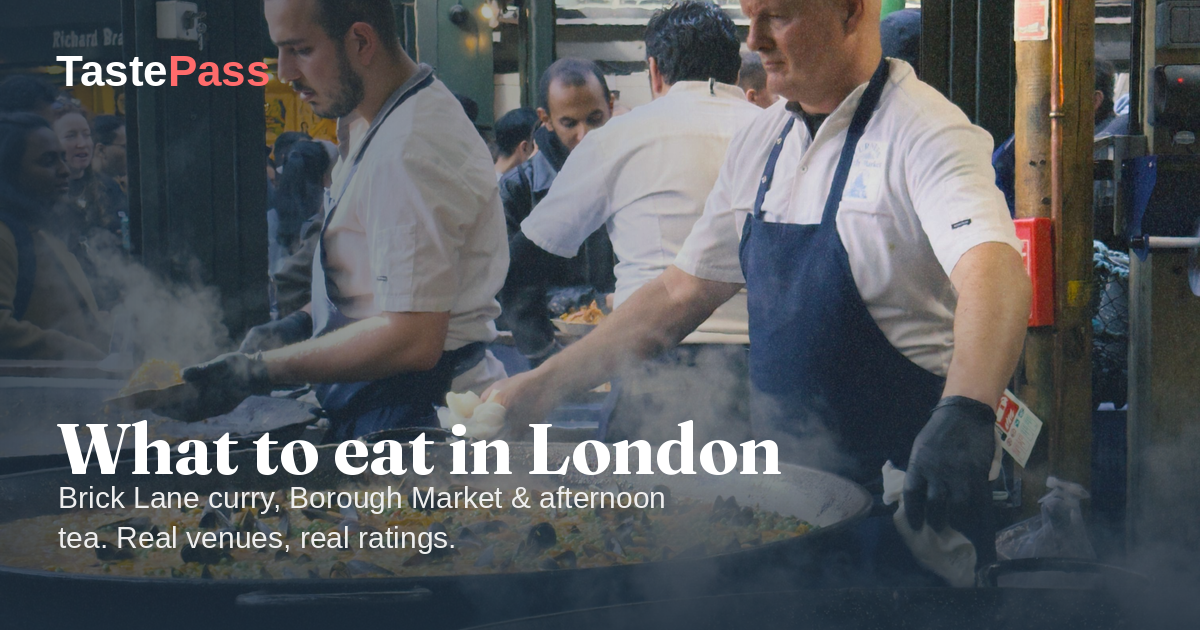 A London street-food market, cooks grilling at the stalls